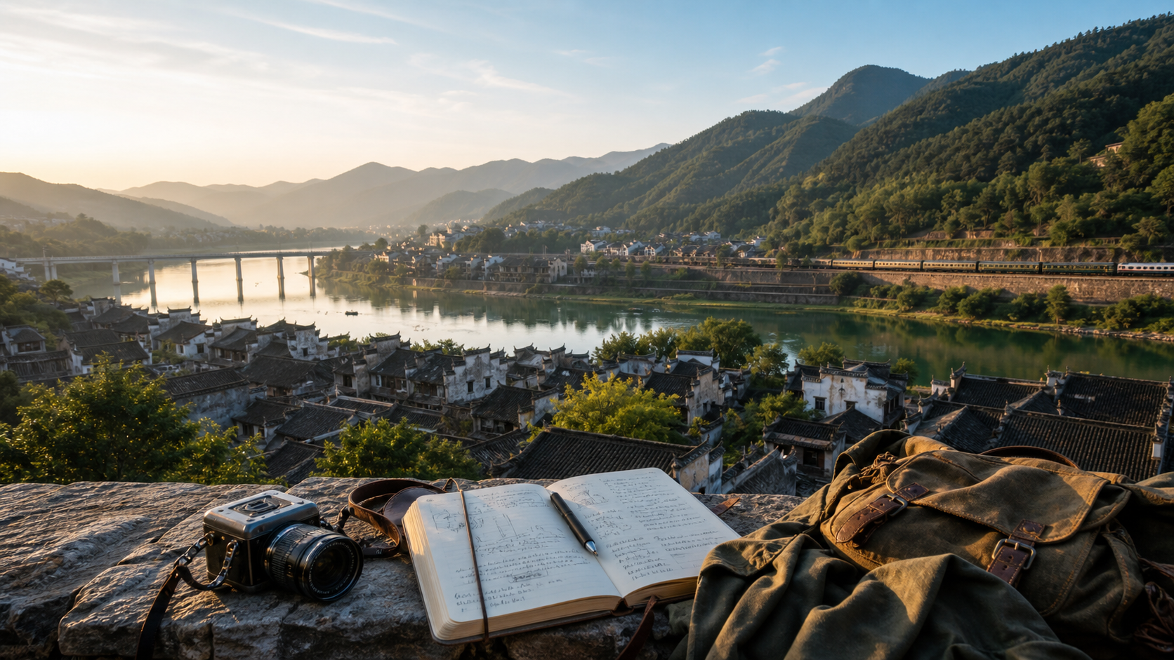 旅行笔记、相机与远处山河城镇风光